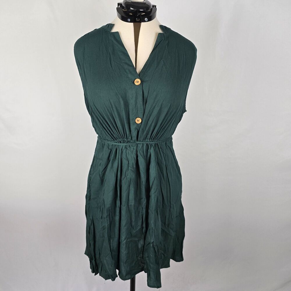 Bloomchic Dress Women's 1X Green Sleeveless Tie Double Button Top Ruffles NWT